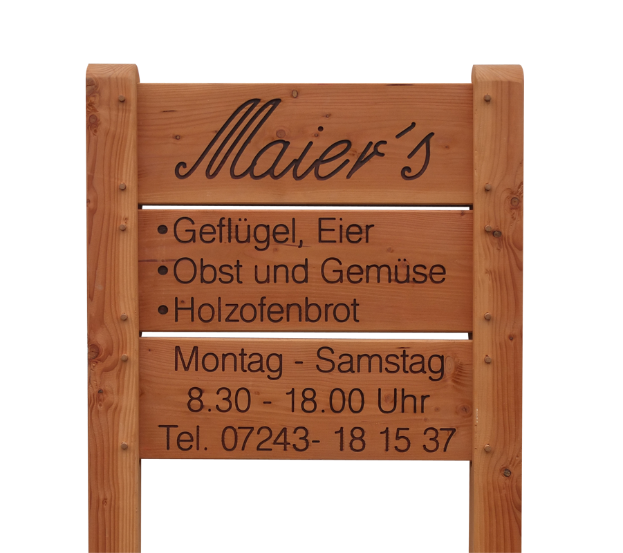 Firmenschild aus Douglasienholz für einen Hofladen.