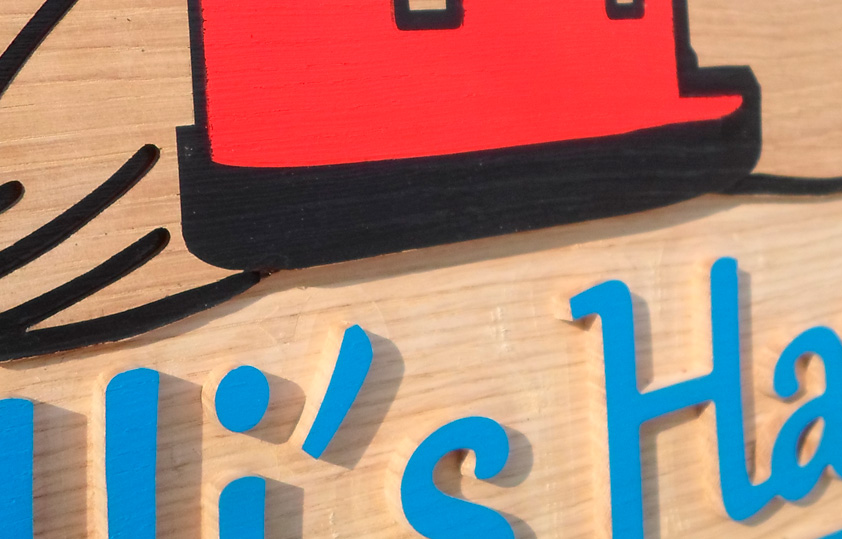 Holzschild für ein Wahlkreisbüro, Eichenholz 2-farbig koloriert-Detailansicht.