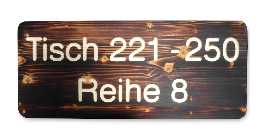 Ausschilderung, Holz-Schichtplatte, beflammt